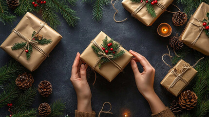 hands carefully wrapping christmas gifts with eco-friendly paper and twine, symbolizing sustainabili