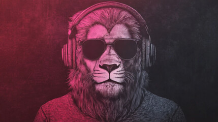 Canvas Print - A cool lion wearing headphones and sunglasses, with pink lighting in the background.