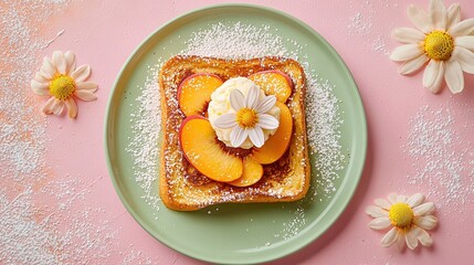 Wall Mural -   Green plate with toast, powdered sugar, peaches, and whipped cream