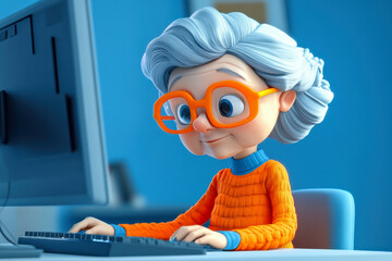 Elderly Caucasian Woman with Silver Hair Using Computer in Blue Modern Setting