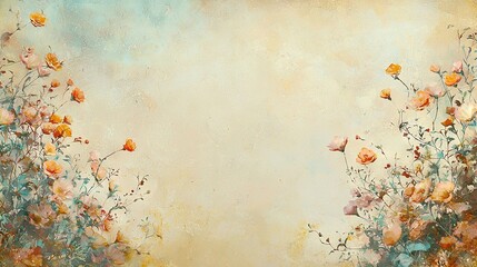 Wall Mural -   A canvas showcasing vibrant orange and pink blossoms set against a soft blue and sunny yellow backdrop, framed by a fluffy white sky (35 tokens