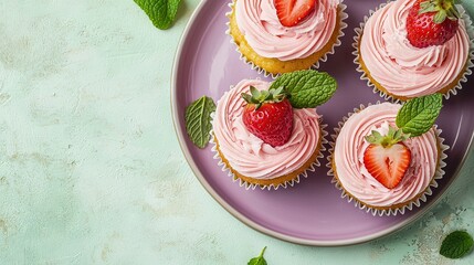 Canvas Print -   A plate crowned with cupcakes smothered in pink frosting, adorned with fresh strawberries and mint leaves