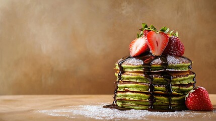 Canvas Print -   A plate of fluffy pancakes sprinkled with powdered sugar, adorned with vibrant strawberries, rests on a rustic wooden table against a warm brown backdrop