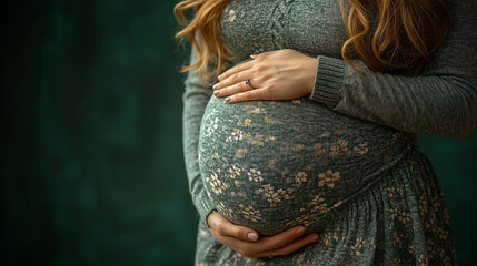 pregnant woman's belly in light tights, symbolizing new life, motherhood, and the miracle of pregnancy. The soft lighting emphasizes the beauty, warmth, and serenity of this life-giving journey