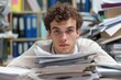© miss irine - Young male office worker sits at desk with papers scattered around. Curly hair, white shirt, focused gaze. Bookshelf in background, computer monitor on desk. Overwhelmed with paperwork, deadlines,