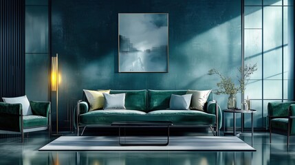 Wall Mural - Modern living room with green velvet sofa and artistic decor in stylish interior design during daylight hours