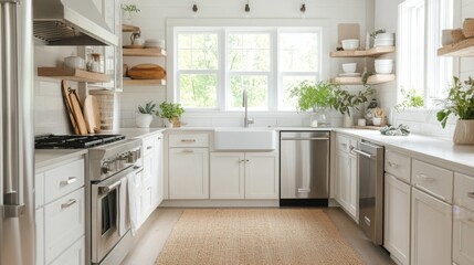 Aufkleber - A spacious kitchen showcases white cabinetry, stainless-steel appliances, and open shelving adorned with plants. Natural light floods the area, creating an inviting and vibrant cooking space.