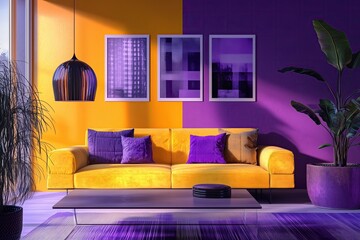 Wall Mural - Bright and bold interior design featuring a yellow couch and purple walls with stylish art during daylight hours