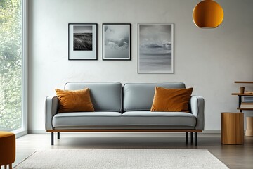 Wall Mural - Contemporary living room interior design featuring a gray sofa with orange cushions, framed art, and natural light