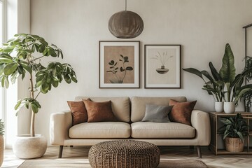 Wall Mural - Cozy living room with a light beige sofa, decorative pillows, and indoor plants in a modern, sunlit space