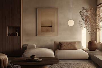 Wall Mural - Cozy modern living room with minimalist design and natural lighting in a contemporary home