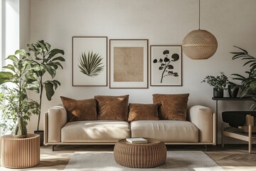 Modern living room with brown accents, plants, and natural light in a stylish, contemporary home interior design