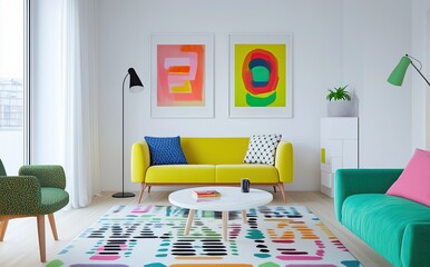 Wall Mural - Modern living room design with colorful furniture and abstract art in a bright, airy space