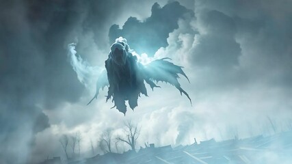 Wall Mural - ghostly creature floating over wasteland 4k loop features an a.i. generated video of a ghostly appar