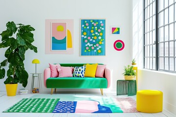 Wall Mural - Brightly colored modern living room with vibrant art and playful decor in a well-lit space