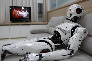 Wall Mural - High Angle View Of Humanoid Robot Lying On Sofa Watching Movies On Television At Home.