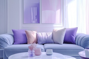 Soft pastel colors adorn a cozy living room sofa filled with decorative throw pillows in a serene, minimalist setting