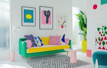 Wall Mural - Colorful modern living room with vibrant artwork, playful decor, and natural light filling the space in a contemporary home