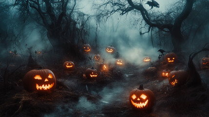 Halloween background with pumpkins, thick fog, pumpkin lanterns