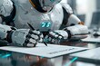 © Vera - Close-up of humanoid robot's hand signing contract with pen over desk in office.