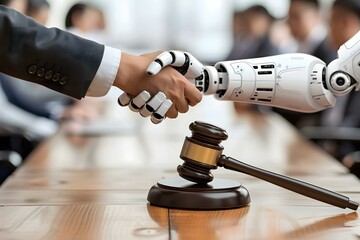 Wall Mural - Gavel on wooden table with judge and client shaking hands in background at humanoid robot, lawyer, ai, artificial, courtroom, intelligence, code, client, tech, machine, handshake, technology