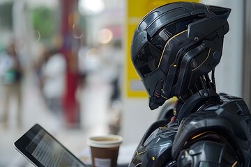 Wall Mural - Close-up Of Humanoid Robot Looking At News Article On Digital Tablet In Front Of Coffee Cup