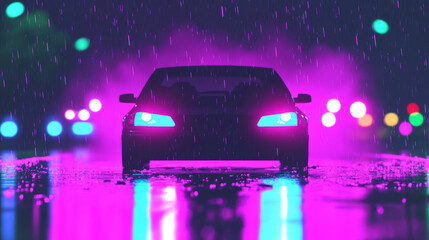 Sticker - A car drives through the city streets at night, its headlights glowing a vibrant blue and pink in the rain.