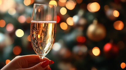 Woman hand holding a glass of champagne, Christmas celebration. AI generated image