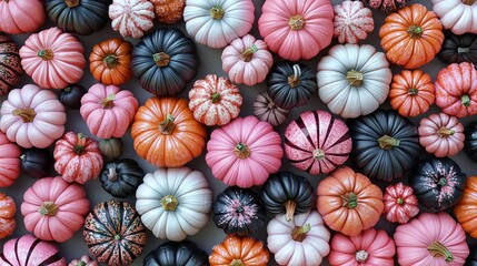 Canvas Print -   A group of colorful pumpkins arranged on a white background with black, pink, and orange varieties among them