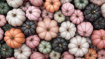 Wall Mural -   Different-colored pumpkins on a bed of green, pink, orange, and white