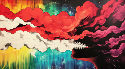 Canvas Print - Abstract painting of a face with colorful smoke coming out of its mouth.