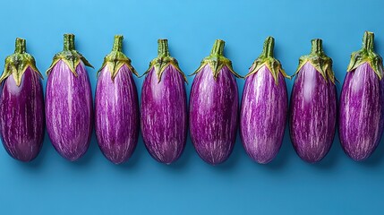 Poster -  Blue surface with purple banana row in the foreground against a blue background