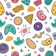 © Vika - seamless pattern with cream. Fun colorful line doodle seamless pattern. Creative minimalist style art background for children or trendy design with basic shapes. Simple childish scribble backdrop.