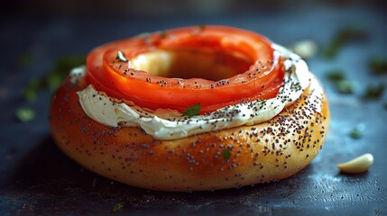 Sticker -   A bagel with cream cheese, tomatoes, and sprinkles on top, displayed on a table