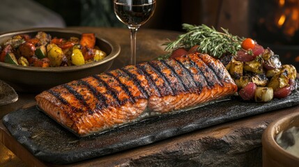 A gourmet Western food spread featuring grilled salmon, roasted vegetables, and a glass of wine. The table is empty, with no one dining