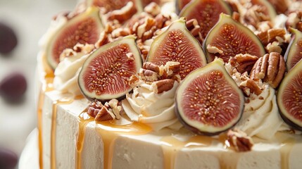 Canvas Print -   Figs and nuts decorate a close-up of a cake, while a drizzle of caramel adorns the top