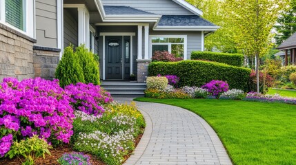 An empty front yard with a brick path leading to the front door, surrounded by blooming flowers and trimmed hedges