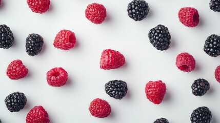 Poster -   A collection of raspberries and blackberries on a white background with a central raspberry