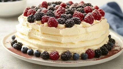 Poster -   A close-up of a cake on a plate, with berries adorning the top and a separate bowl of berries beside it