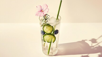 Poster -   A vase containing cucumbers and adorning flowers rests atop a white table, with a nearby shadow of a pink blossom