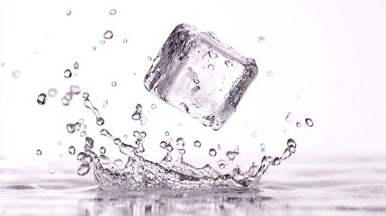 Sticker -   An image of an ice cube floating in water with a splash on its side and top, against a white background