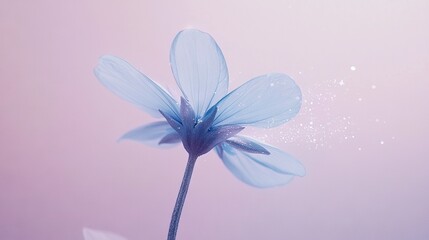 Poster -   A blue flower on a pink background with a droplet of water emerging from its core