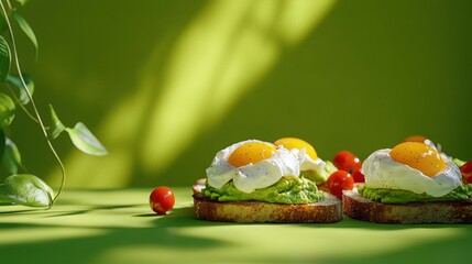 Sticker -   A close-up photo of an egg & avocado sandwich on toast, with juicy cherry tomatoes in frame