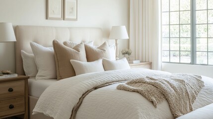 Aufkleber - A serene bedroom featuring a plush bed adorned with various cream and beige pillows, soft textiles, and warm wood accents