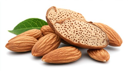 Isolated on a white background are almond nuts and almond leaves. The file contains a clipping path. 