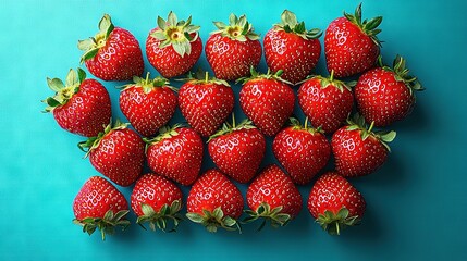 Poster -   A pyramid-shaped arrangement of strawberries on a blue surface, with green leaves above