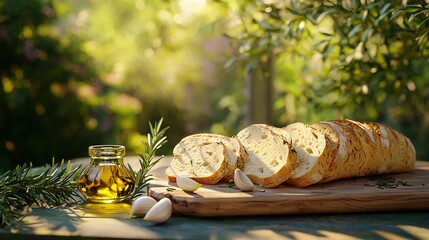 Poster -   A loaf of bread, sliced and placed on a cutting board, alongside garlic and a jar of olive oil