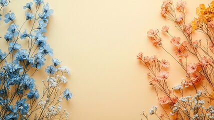 Wall Mural -   Blue-yellow flower group on yellow wall near white-blue vase with flowers