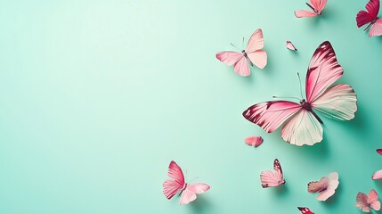 Canvas Print -   A flock of pink butterflies soaring against a azure backdrop with space for text on the right side