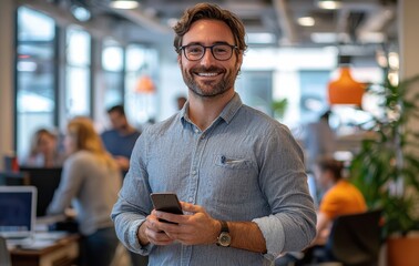 Smiling man in casual attire holding a smartphone in a modern office environment with colleagues working in the background